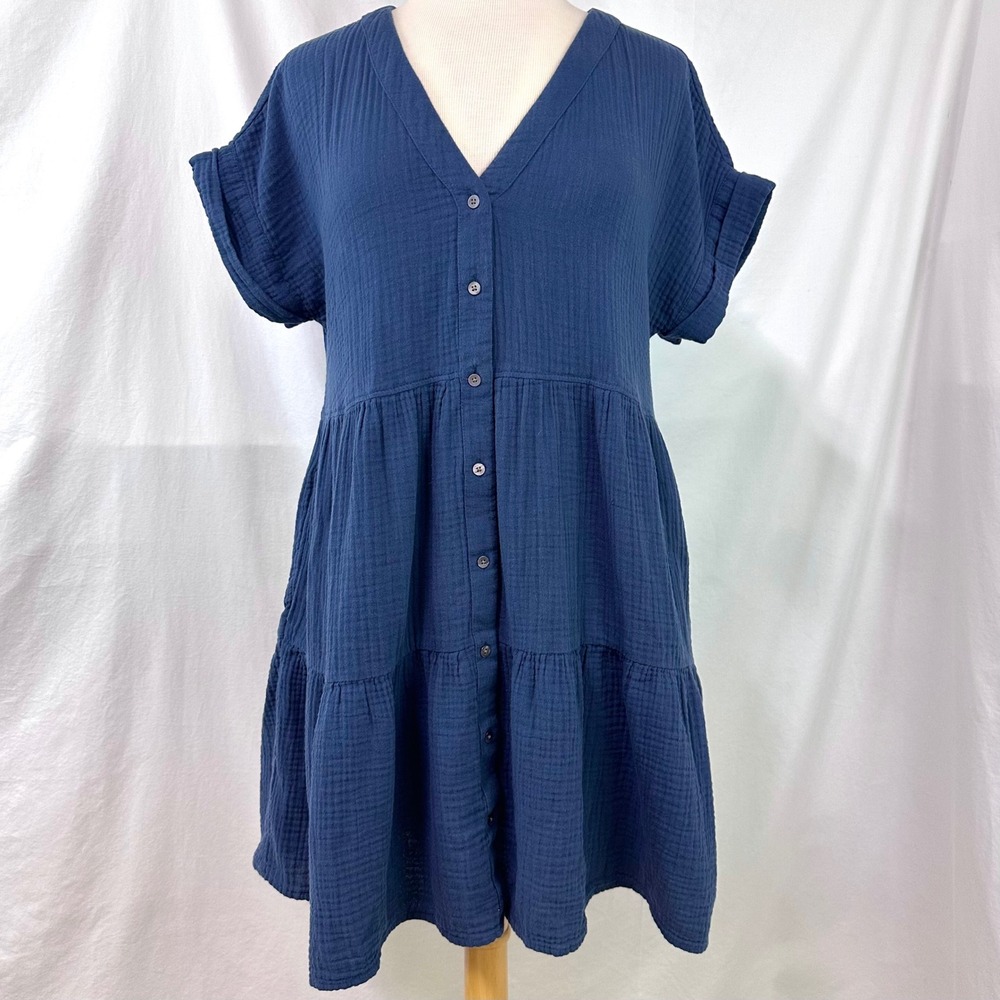 MADEWELL Blue Lightspun Cuff Sleeve Button Front Tiered Mini Dress M 100% Cotton